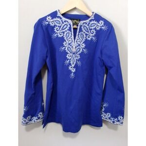 Bob Mackie Wearable Art Blue Embroidered Paisley Tunic Top XS Long Sleeve